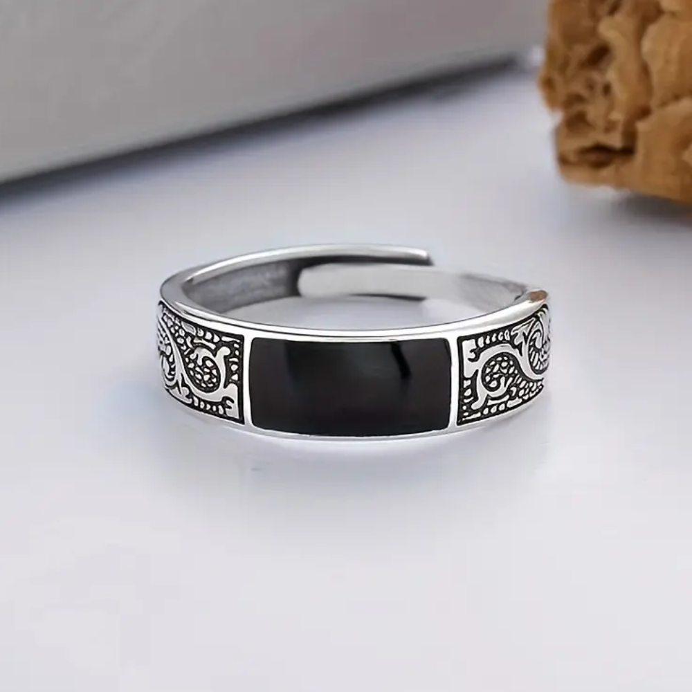 Obsidian Engraved Dragon Ring (Adjustable)