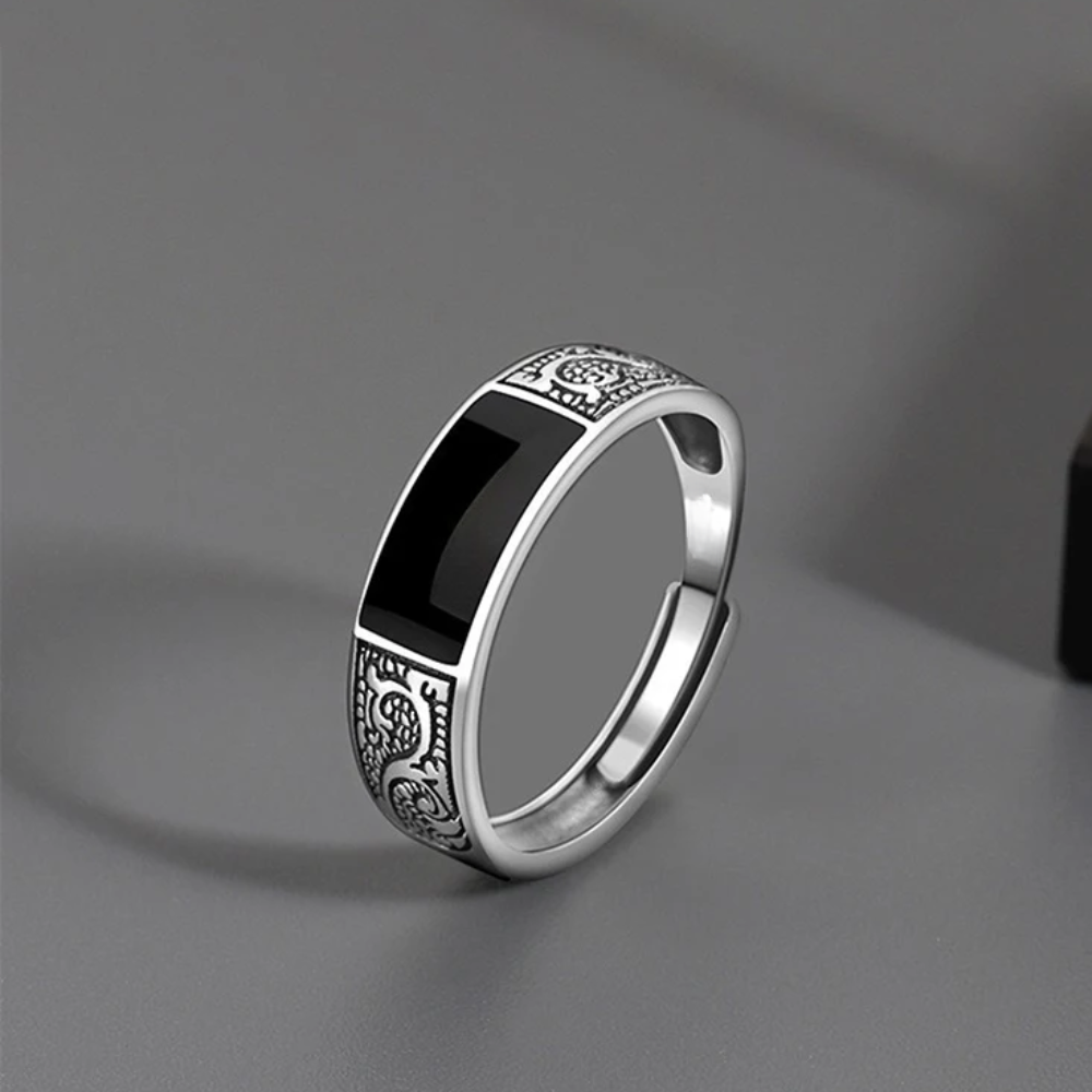 Obsidian Engraved Dragon Ring (Adjustable)